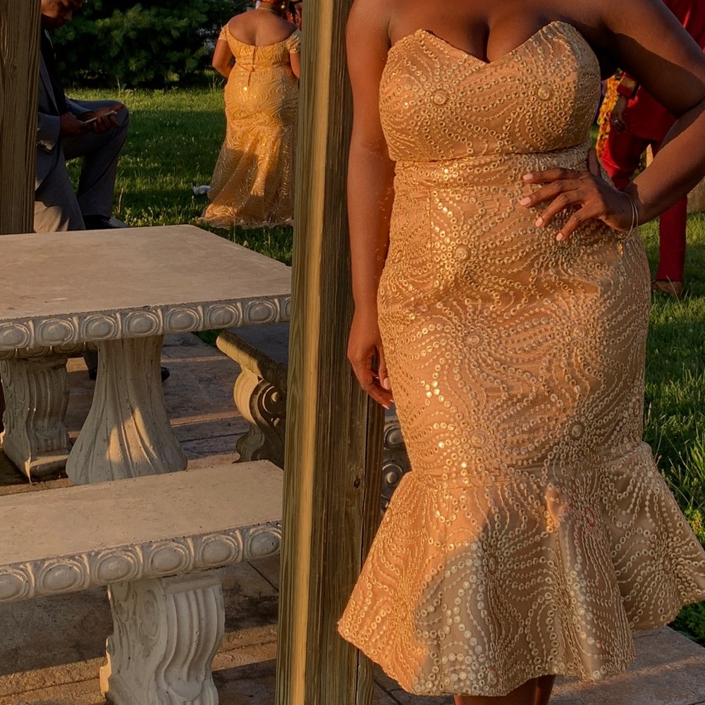 Custom made strapless gold dress